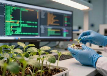 Llevaban 400 millones de años ahí: 2,3 millones de "interruptores" genéticos ocultos en las plantas acaban de revelarse 2 Close-up of seedlings in a plant genomics lab, showcasing genetic research with vibrant colors and technology.