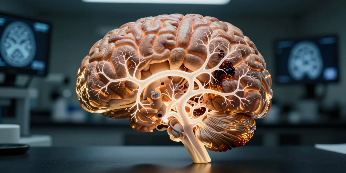 Macro view of a human brain cross-section showing healthy and affected neural pathways related to Alzheimer's.