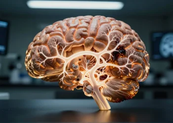 El alzhéimer se propaga como una infección dentro del cerebro, y cada persona tiene su propia ruta de contagio 10 Macro view of a human brain cross-section showing healthy and affected neural pathways related to Alzheimer's.