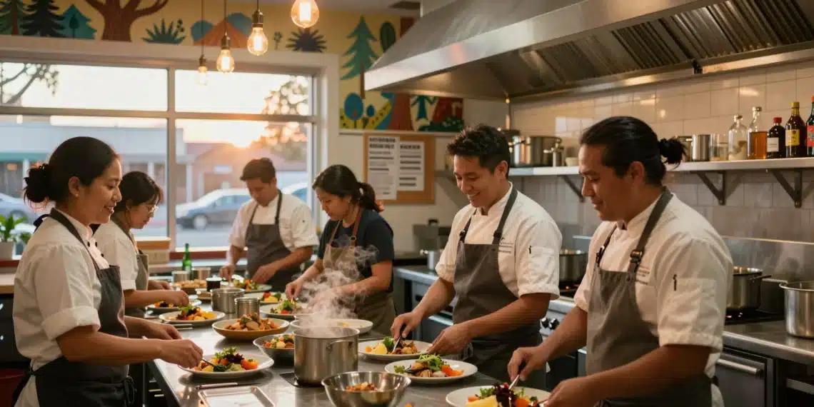 Cinco años sin jefes, sin jerarquías y sin cerrar: el restaurante que demuestra que casi todo lo que nos enseñaron sobre liderar estaba equivocado 1 Diverse group of worker-owners plating dishes in a cooperative restaurant, showcasing teamwork and camaraderie.