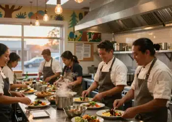 Cinco años sin jefes, sin jerarquías y sin cerrar: el restaurante que demuestra que casi todo lo que nos enseñaron sobre liderar estaba equivocado 10 Diverse group of worker-owners plating dishes in a cooperative restaurant, showcasing teamwork and camaraderie.