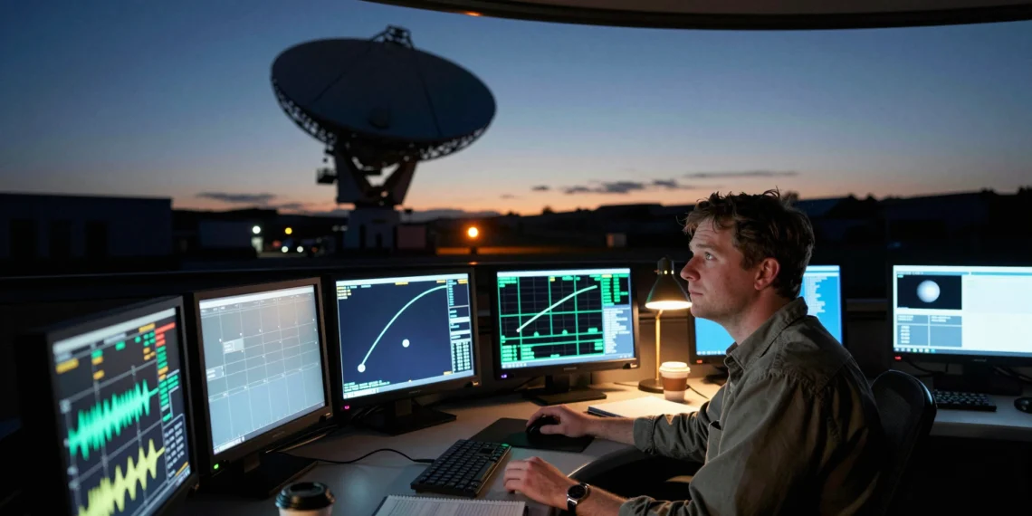 Desde Cornualles hasta la Luna: cómo la misión Artemis II está cambiando lo que los jóvenes creen posible 1 Young engineer in Cornwall's satellite control room, focused on lunar mission telemetry.