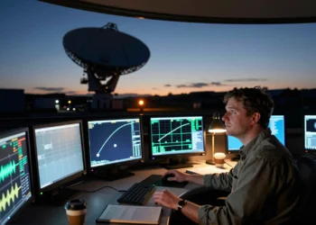 Desde Cornualles hasta la Luna: cómo la misión Artemis II está cambiando lo que los jóvenes creen posible 8 Young engineer in Cornwall's satellite control room, focused on lunar mission telemetry.
