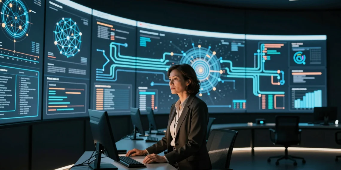 Senior IT architect in a data center with neural network visualizations, showcasing enterprise AI knowledge accumulation.