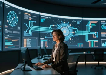 De utilidad bajo demanda a capa operativa: la IA empresarial empieza a acumular conocimiento en lugar de reiniciarse con cada consulta 10 Senior IT architect in a data center with neural network visualizations, showcasing enterprise AI knowledge accumulation.