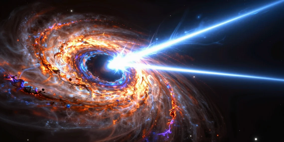 Chorros de un agujero negro medidos por primera vez: la energía de 10.000 soles viajando a mitad de la velocidad de la luz 1 Astrophysical scene of a black hole with jets of energy and a blue supergiant star in deep space