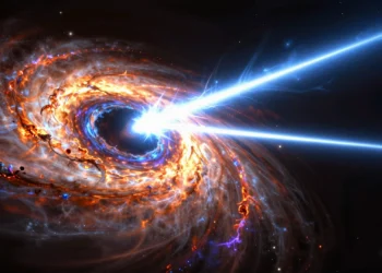 Chorros de un agujero negro medidos por primera vez: la energía de 10.000 soles viajando a mitad de la velocidad de la luz 4 Astrophysical scene of a black hole with jets of energy and a blue supergiant star in deep space