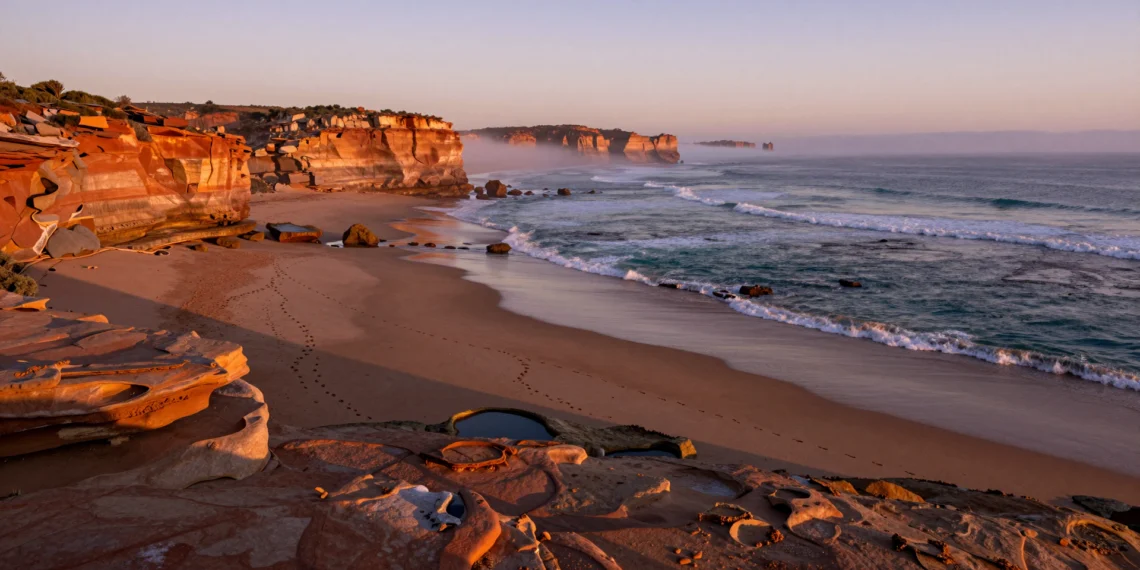 Ancient Australian landscape at dawn, symbolizing early human migration routes.