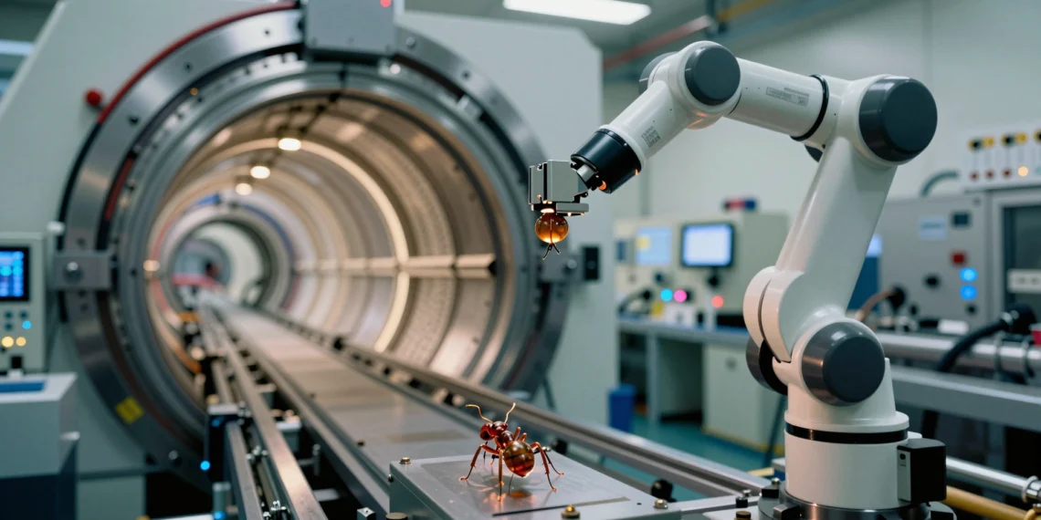 Robotic arm holding an amber ant specimen in a particle accelerator, showcasing science's extremes of scale.