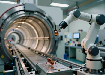 2.000 hormigas escaneadas en una semana dentro de un acelerador de partículas: el atlas 3D que está redefiniendo cómo catalogamos la vida 8 Robotic arm holding an amber ant specimen in a particle accelerator, showcasing science's extremes of scale.