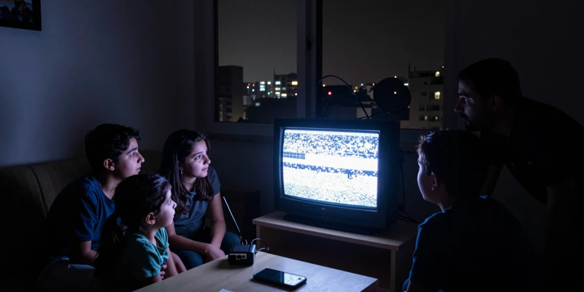 Señales ocultas en la televisión por satélite: la herramienta que burla el mayor apagón de internet en la historia de Irán 1 Family watching an old CRT TV during a communications blackout in Iran's dim living room.