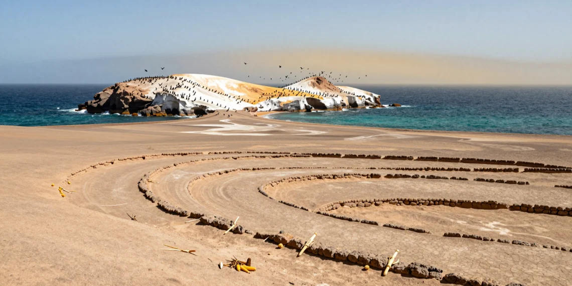 Ni oro ni plata: excrementos de ave fueron el recurso secreto detrás de uno de los reinos más poderosos del Perú antiguo 1 Ancient terraced fields and Chincha Islands with seabirds in the Peruvian coastal desert.