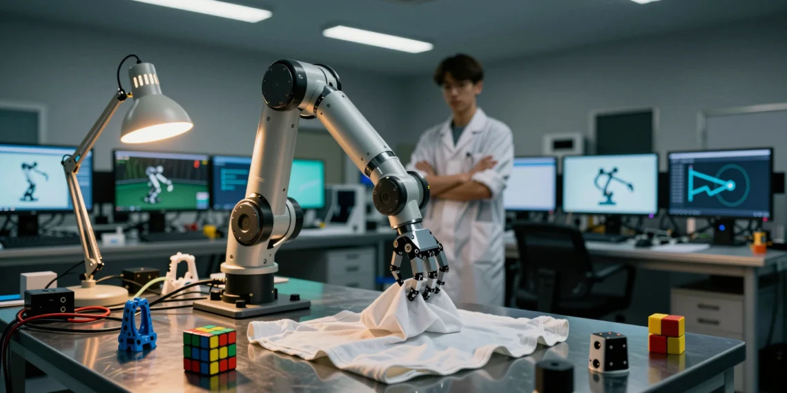 De plegar camisetas a resolver cubos de Rubik: la revolución silenciosa que enseñó a los robots a aprender del mundo real 1 A robotic arm folds a t-shirt while a solved Rubik's cube sits on the workbench in a robotics lab.