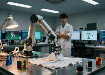 De plegar camisetas a resolver cubos de Rubik: la revolución silenciosa que enseñó a los robots a aprender del mundo real 1 A robotic arm folds a t-shirt while a solved Rubik's cube sits on the workbench in a robotics lab.