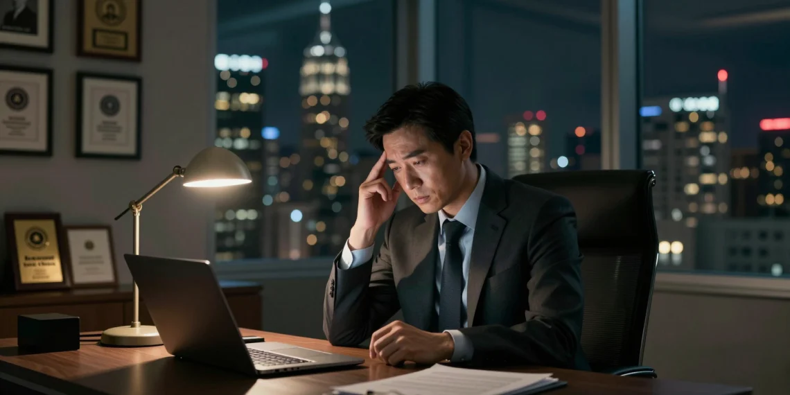 Cuanto más éxito tienes, menos te lo crees: la trampa psicológica que explica por qué triunfar no basta para sentirte seguro 1 A successful professional in a tailored suit looks contemplative at an executive desk, reflecting inner conflict.