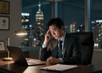 Cuanto más éxito tienes, menos te lo crees: la trampa psicológica que explica por qué triunfar no basta para sentirte seguro 10 A successful professional in a tailored suit looks contemplative at an executive desk, reflecting inner conflict.
