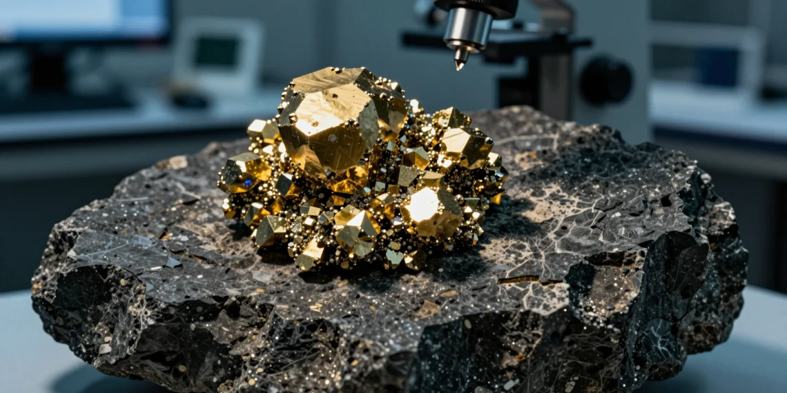 Litio oculto en la pirita: un hallazgo inesperado en rocas de 380 millones de años podría cambiar el suministro de baterías 1 Close-up of pyrite crystals in dark shale, highlighting hidden lithium discovery for battery supply.