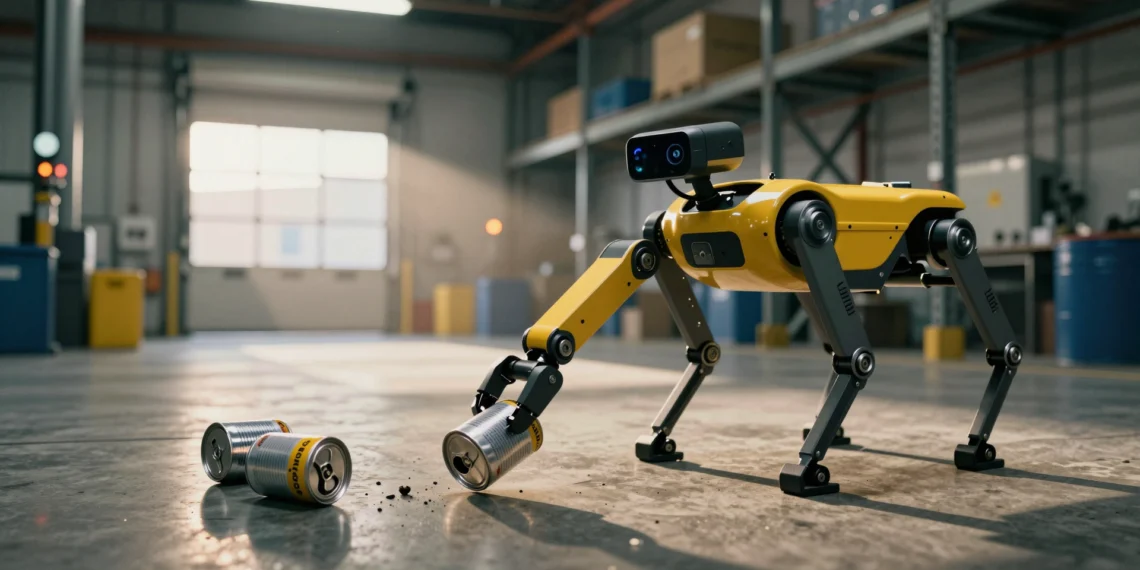 Boston Dynamics y Google DeepMind integran razonamiento autónomo en Spot, pero el robot aún no sabe cómo sujetar una lata 1 Boston Dynamics Spot robot struggles to grasp a can in an industrial warehouse, showcasing advanced autonomy and limitations.
