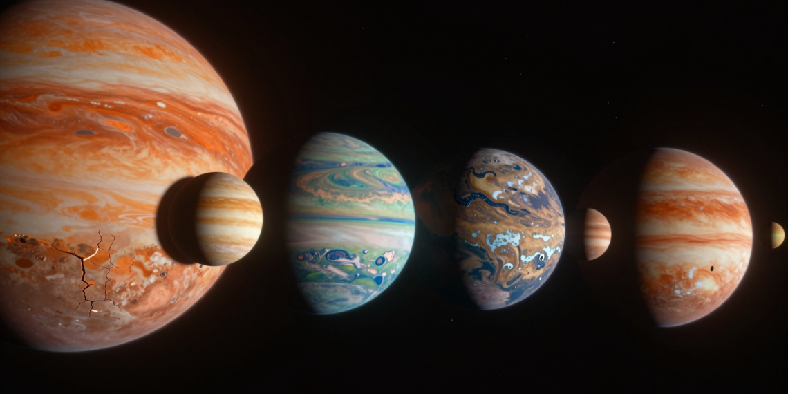 De 6.000 exoplanetas conocidos, solo 45 mundos rocosos reúnen las condiciones para albergar vida 1 Cinematic view of a distant stellar system with seven rocky exoplanets and a red dwarf star in deep space.