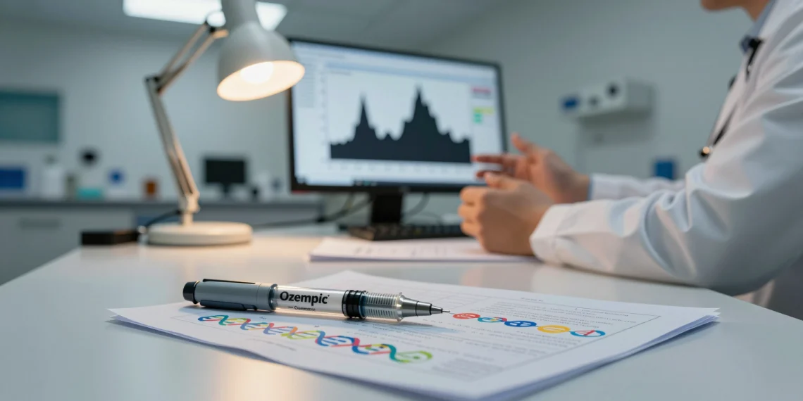 Ozempic injection pens and genetic report in modern endocrinology office, symbolizing pharmacology and genetics.