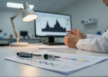 Ozempic funciona de maravilla en unos y es un calvario para otros: un estudio con 28 000 personas encontró la explicación en sus genes 1 Ozempic injection pens and genetic report in modern endocrinology office, symbolizing pharmacology and genetics.