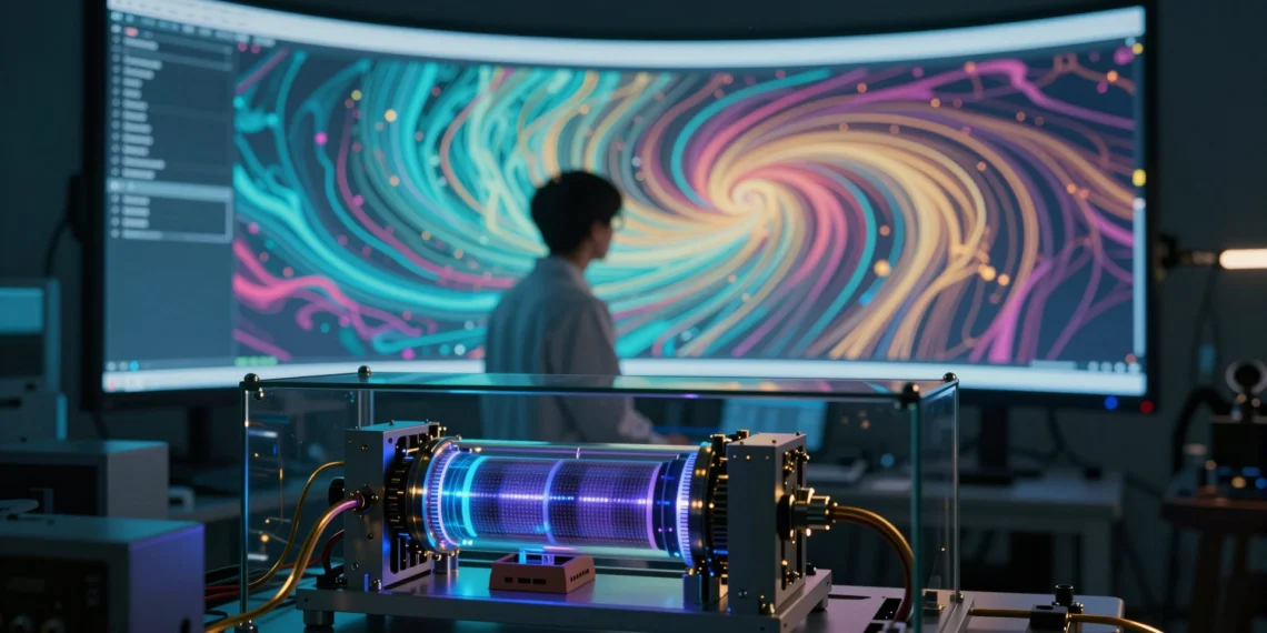 Quantum computing lab with glowing processor and chaotic fluid dynamics simulation on screen