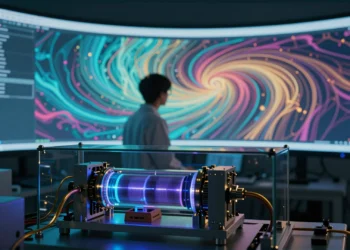 Quantum computing lab with glowing processor and chaotic fluid dynamics simulation on screen