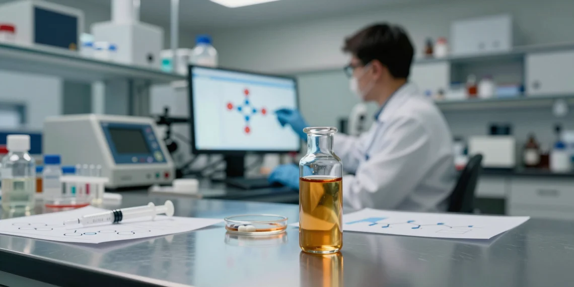 Un opiáceo diseñado a partir de una droga callejera alivia el dolor en ratas sin engancharlas: el hallazgo que podría cambiar el tratamiento del dolor 1 A synthetic opioid vial in a modern lab, symbolizing breakthroughs in pain treatment.