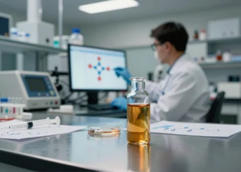 A synthetic opioid vial in a modern lab, symbolizing breakthroughs in pain treatment.