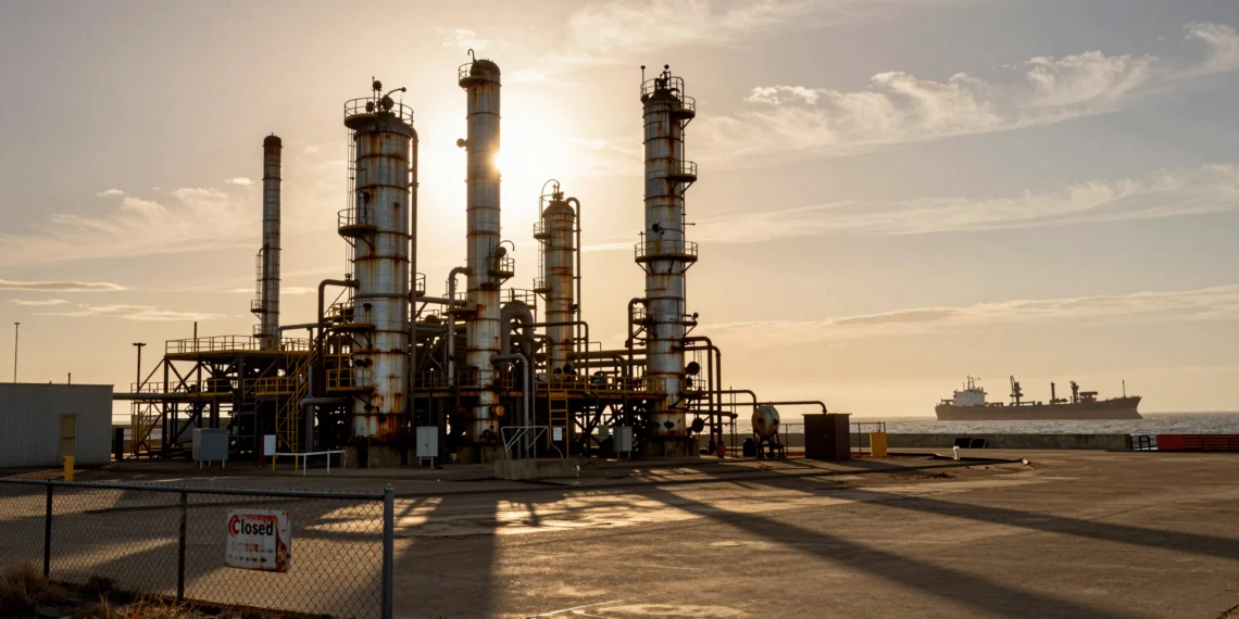 Aging oil refinery in California at golden hour, symbolizing the state's decline in oil production.