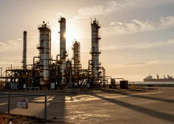 California pasó de producir el 40 % del petróleo de EE. UU. a importar el 60 %: crónica de un declive energético que ahora intentan revertir 5 Aging oil refinery in California at golden hour, symbolizing the state's decline in oil production.