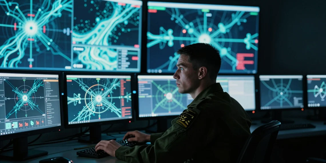 Military operator in command center hesitates over drone strike decision surrounded by glowing screens.