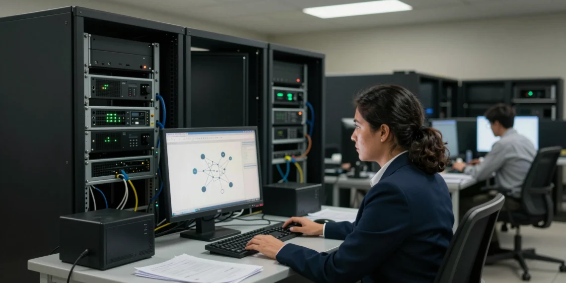 Gobiernos que no pueden usar ChatGPT están apostando por modelos de lenguaje pequeños: una transición silenciosa que podría redefinir la IA pública 1 Public servant working with neural network visualization in a modest government IT server room