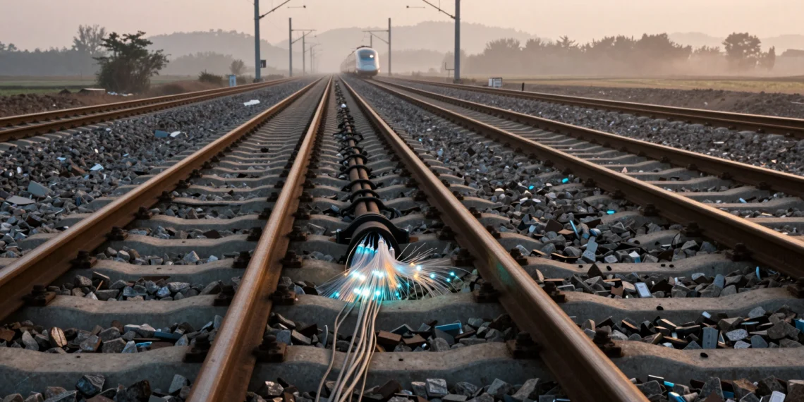 Miles de kilómetros de fibra óptica bajo las vías llevaban décadas "escuchando" los trenes en silencio 1 Fiber optic cables beside railway tracks glowing in morning light, revealing silent data listening to trains.