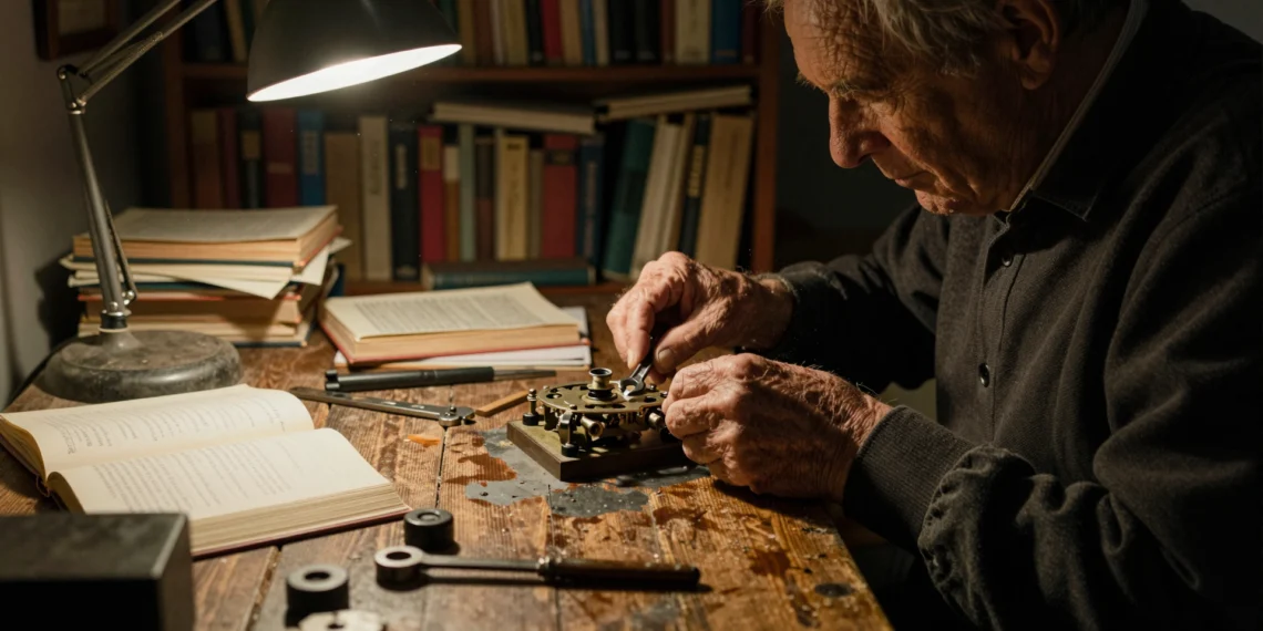 Stewart Brand escribió el libro sobre el mantenimiento, pero los académicos que estudian la reparación dicen que olvidó lo más difícil 1 Elderly man's hands repairing a vintage mechanical object in a cluttered workshop, showcasing the art of maintenance.