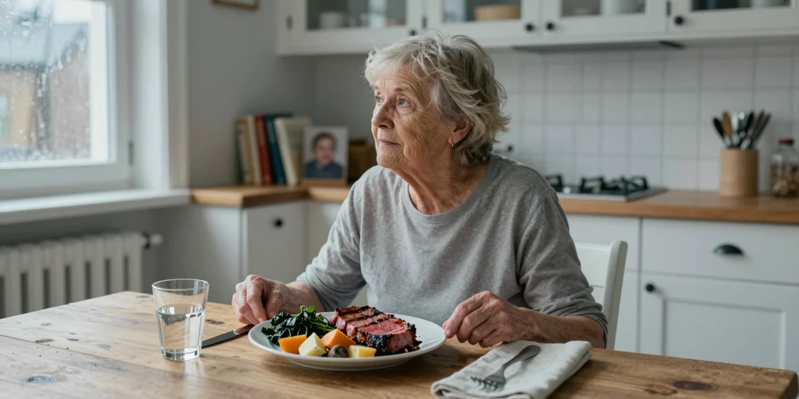 Elderly Swedish woman at a kitchen table with a hearty Nordic meal, contemplating dietary changes related to Alzheimer's.