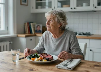 Comer más carne y reducir el riesgo de alzhéimer: el hallazgo que desafía décadas de consejos dietéticos 6 Elderly Swedish woman at a kitchen table with a hearty Nordic meal, contemplating dietary changes related to Alzheimer's.