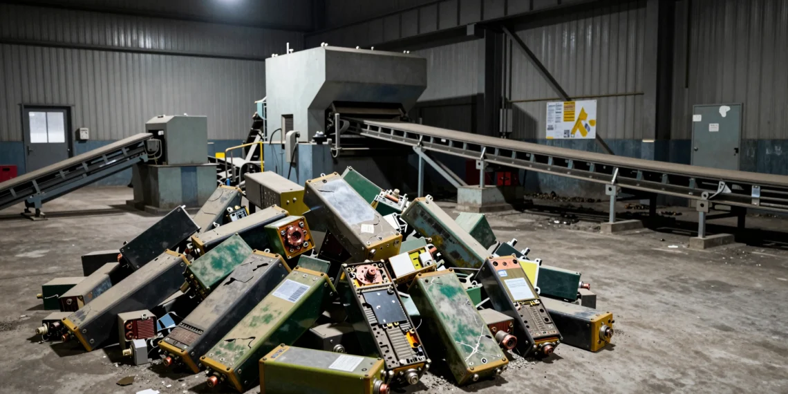 Reciclaje de baterías en EE.UU.: una industria que prometía una revolución y ahora lucha por sobrevivir 1 Industrial battery recycling facility with discarded lithium-ion batteries and idle machinery