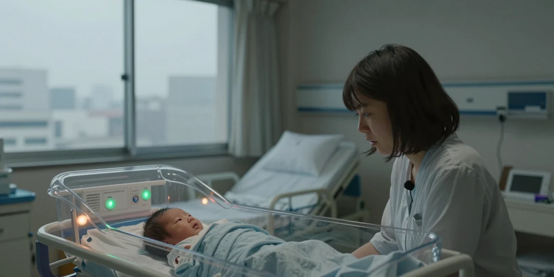 No hubo radiación, pero los bebés nacieron antes y más pequeños: el rastro biológico del miedo colectivo tras Fukushima 1 Newborn in incubator with a worried mother in a dim hospital ward post-Fukushima disaster
