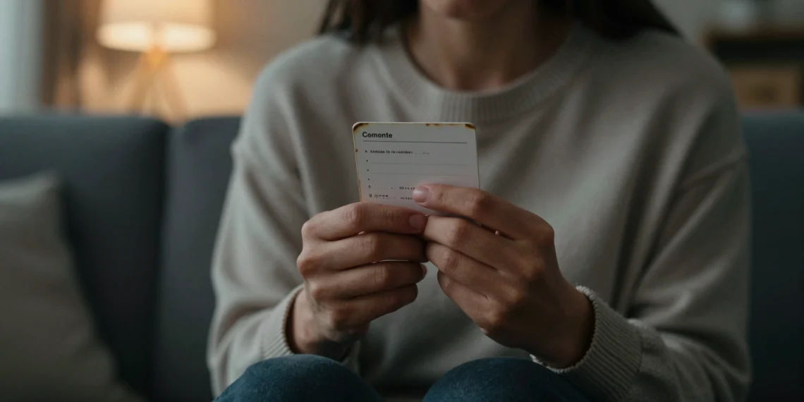 Cuando la ansiedad bloquea todo lo aprendido en terapia, una tarjeta de bolsillo puede devolver el control 1 Close-up of trembling hands holding a coping card in a dimly lit room, symbolizing anxiety management.