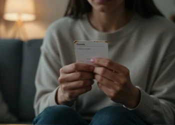 Cuando la ansiedad bloquea todo lo aprendido en terapia, una tarjeta de bolsillo puede devolver el control 7 Close-up of trembling hands holding a coping card in a dimly lit room, symbolizing anxiety management.