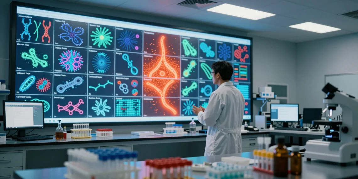 Analizaron 22 tipos de cáncer buscando firmas microbianas: solo uno las tenía, y nadie lo esperaba 1 Scientist in lab coat examines genomic data visualizing cancer types, highlighting colorectal cancer.