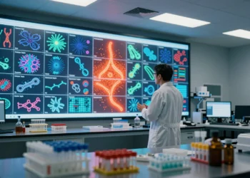 Analizaron 22 tipos de cáncer buscando firmas microbianas: solo uno las tenía, y nadie lo esperaba 4 Scientist in lab coat examines genomic data visualizing cancer types, highlighting colorectal cancer.
