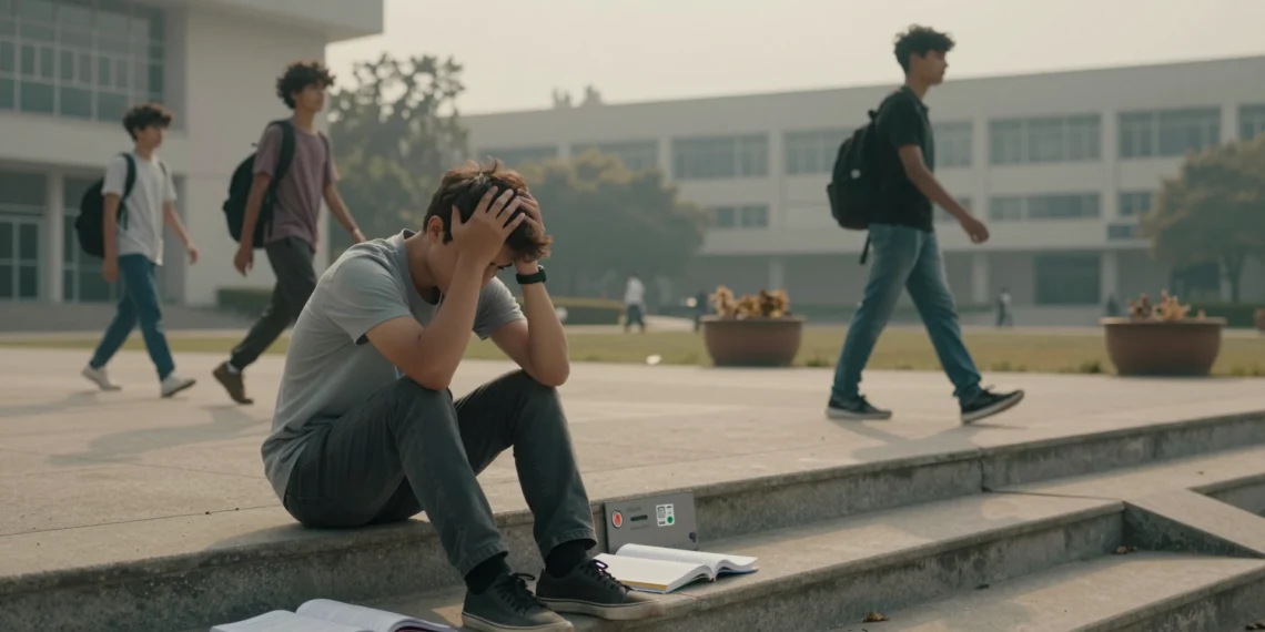 Un estudiante pregunta por qué planificar su futuro si "viene el apocalipsis": la respuesta de una terapeuta climática 1 Young university student in deep thought about the future on campus steps amid climate concerns.