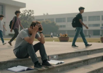 Young university student in deep thought about the future on campus steps amid climate concerns.