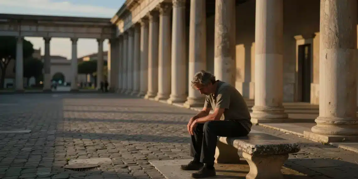 Casi todo lo que te preocupa no va a ocurrir: el consejo de Séneca que la psicología moderna respalda 1 A solitary person in a Roman courtyard reflects on worries at golden hour, embodying Stoic contemplation.