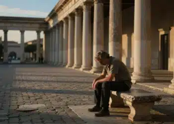 Casi todo lo que te preocupa no va a ocurrir: el consejo de Séneca que la psicología moderna respalda 7 A solitary person in a Roman courtyard reflects on worries at golden hour, embodying Stoic contemplation.