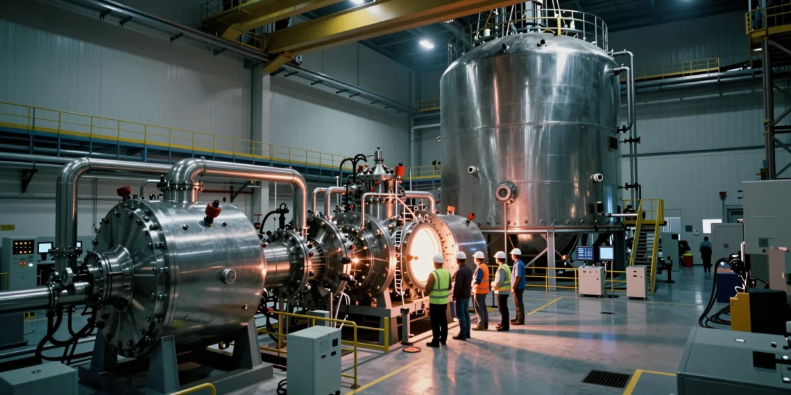 Interior of a nuclear isotope production facility under construction with engineers inspecting a fusion-fission reactor.