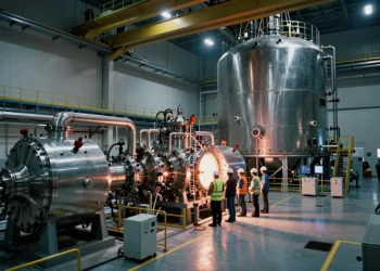 Estados Unidos financiará su primera planta comercial de isótopos médicos con tecnología de fusión y fisión nuclear 1 Interior of a nuclear isotope production facility under construction with engineers inspecting a fusion-fission reactor.