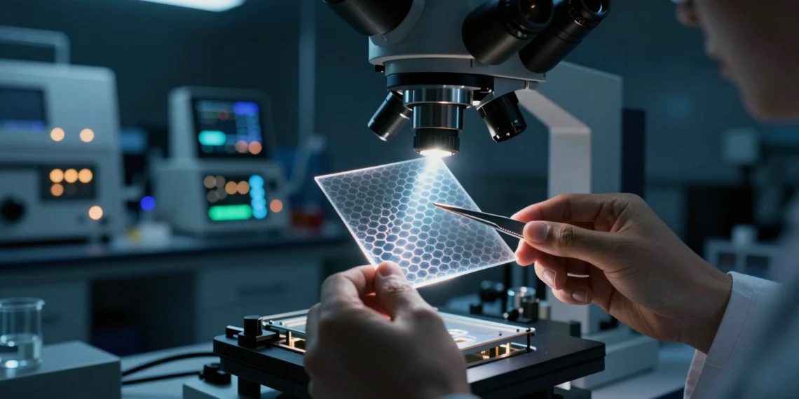 Electrones en grafeno fluyen como un líquido casi sin fricción, desafiando una ley física de dos siglos 1 Researcher manipulating a graphene sample under an electron microscope in a nanoscience lab.